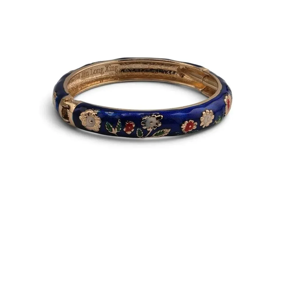 Jiu Long Xing Blue Enamel Floral Hinged Bangle Bracelet Gold Tone Signed
